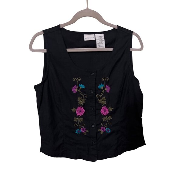Linen Blend Black Embroidered Button-Up Top M 8/10 Beach Lagenlook Boho Western - Picture 1 of 8
